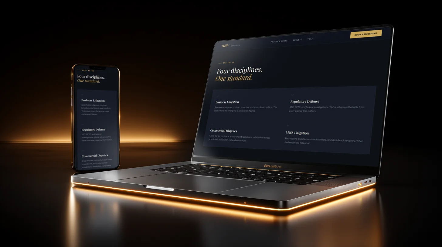 Harmon & Vale website on MacBook showing city skyline hero and statistics cards