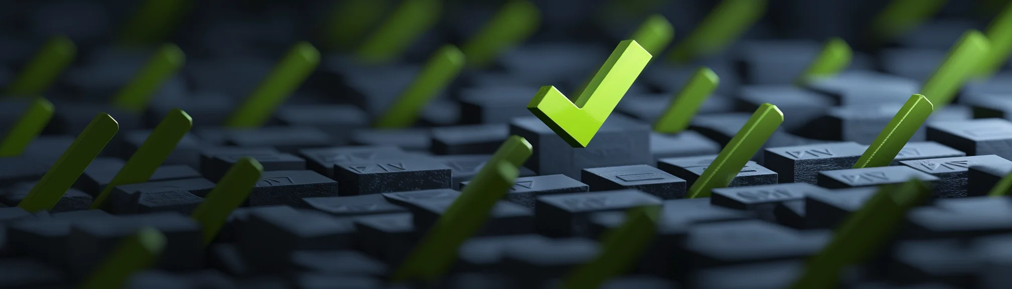 A single lime-green checkmark standing upright among rows of dark textured panels