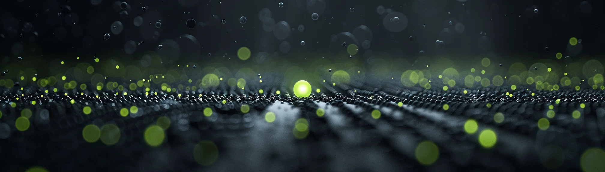 Abstract composition of one sharp point of light among a blurred field of near-identical shapes